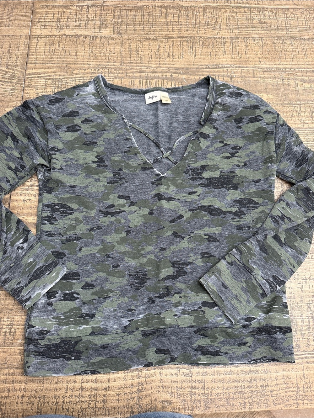 Daytrip Olive and Gray Camo Crisscross V-Neck Long Sleeve Top